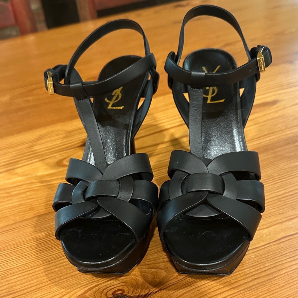 Yves Saint Laurent Black Smooth Leather Tribute Sandal 4.1” heel YSL 37.5